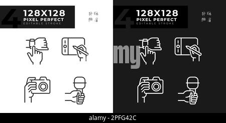 Hands with different devices pixel perfect linear icons set for dark, light mode Stock Vector