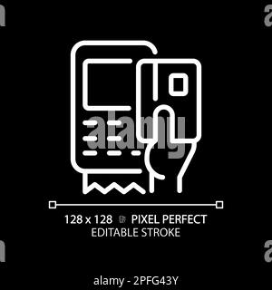 Hand with EDC device pixel perfect white linear icon for dark theme Stock Vector