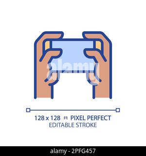 Holding smartphone with two black hands pixel perfect RGB color icon Stock Vector