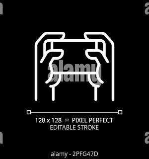 Holding smartphone with two hands pixel perfect white linear icon for dark theme Stock Vector