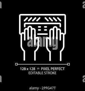 Hands with Braille keyboard pixel perfect white linear icon for dark theme Stock Vector
