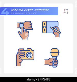 Black hands with different devices pixel perfect RGB color icons set Stock Vector