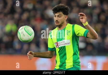 Giorgos Naoum of AEK Larnaca in action during UEFA Europa Conference League Round of 16 2nd Leg soccer match between West Ham United against AEK Larna Stock Photo