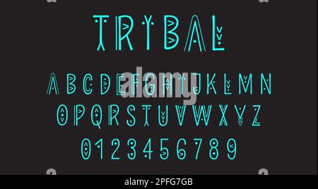 Vector trendy uppercase alphabet in ethnic style made of lines of different thicknesses. Geometric Tribal font. English Ethnic letters and numbers. Stock Vector