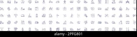 Mining line icons signs set. Design collection of Extracting, Digging, Unearthing, Uncovering, Drilling, Essaying, Quarrying, Panning outline concept Stock Vector
