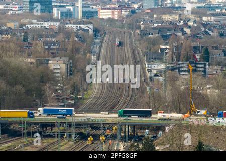 Duisburg, Germany. 17th Mar, 2023. The 8-lane rail line at the Kaiserberg interchange (aerial photo taken with a drone). The railroad will completely close the heavily used line between Essen and Duisburg for two weeks from 9 p.m. on March 31 to April 14 during the Easter vacations. At a total cost of nine million euros, tracks in Duisburg, Oberhausen and Essen would be renewed over a distance of seven kilometers, points replaced and the power supply for the trains modernized. Credit: Christoph Reichwein/dpa/Alamy Live News Stock Photo