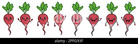 Cute kawaii style red radish root vegetable icon, smiling. Version with hands raised, down and waving Stock Vector