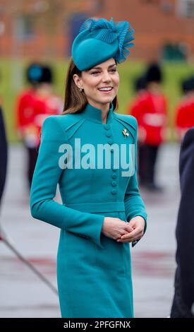 The Princess of Wales smiles as she arrives for a visit to the 1st Battalion Irish Guards for the St Patrick's Day Parade, at Mons Barracks in Aldershot. Picture date: Friday March 17, 2023. Stock Photo