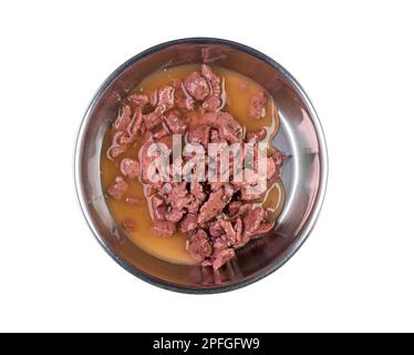 Steel bowl with wet  pet feed, food isolated on white, top view Stock Photo