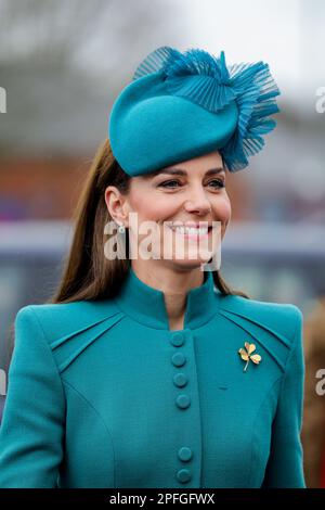 The Princess of Wales smiles as she arrives for a visit to the 1st Battalion Irish Guards for the St Patrick's Day Parade, at Mons Barracks in Aldershot. Picture date: Friday March 17, 2023. Stock Photo