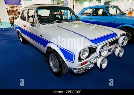 Three-quarters front view of a Ford Escort RS2000 Mark 1, on display at the 2023 London Classic Car Show. Stock Photo