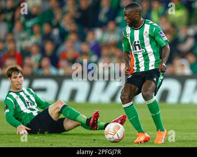 Youssouf Sabaly que Juan Miranda of Real Betis  during the UEFA Europa League match, Round of 16, 2nd leg, between Real Betis and Manchester United played at Benito Villamarin Stadium on March 16, 2023 in Sevilla, Spain. (Photo by Antonio Pozo / PRESSIN) Stock Photo