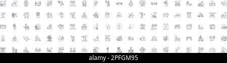 Recreational industry line icons signs set. Design collection of Hiking, Boating, Skiing, Fishing, Camping, Swimming, Surfing, Kayaking outline Stock Vector