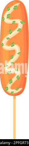 American Corn dog with mayonnaise sauce. Street food, fastfood concept. Illustration in cartoon style. Stock Vector