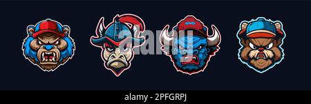 Cartoon animal head, red and blue sport logo collection with white outlined. Angry face of grizzly, horse, bison and beaver characters. Sport team Stock Vector