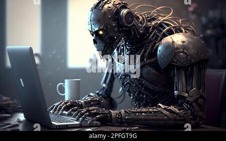 A humanoid robot uses a laptop and sits at a table in a future office using AI, thinking brain, artificial intelligence and machine learning process. Stock Photo