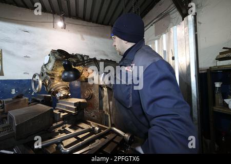 Non Exclusive: KHARKIV, UKRAINE - MARCH 16, 2023 - An employee is seen at work at the Ukrainian Spring Center, Kharkiv, northeastern Ukraine. Stock Photo