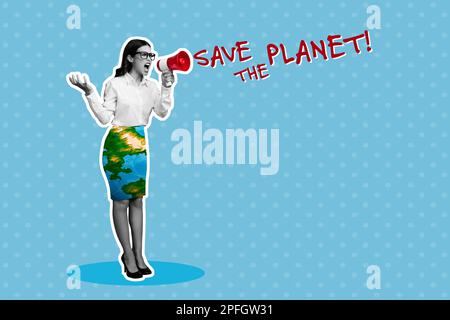 Minimal collage of young screaming microphone woman activist save the planet dress map print plastic pollution problem isolated on blue background Stock Photo