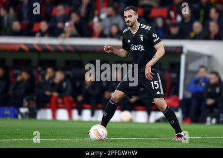 Federico Gatti of Juventus Fc controls the ball during the Uefa Europa League round of 16 second leg match beetween  Sc Freiburg and Juventus Fc at Stade Europa-Park on March 16 2023 in Freiburg, Germany . Stock Photo