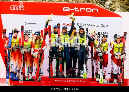 Andorra. 17th Mar, 2023. The podium after the Mixed Team Parallel race at the Audi FIS Ski World Cup Finals.left- Switzerland (second place).center- Norway (winner).right- Austria (Credit Image: © Christopher Levy/ZUMA Press Wire) EDITORIAL USAGE ONLY! Not for Commercial USAGE! Stock Photo