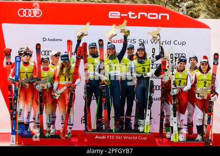 Andorra. 17th Mar, 2023. The podium after the Mixed Team Parallel race at the Audi FIS Ski World Cup Finals.left- Switzerland (second place).center- Norway (winner).right- Austria (Credit Image: © Christopher Levy/ZUMA Press Wire) EDITORIAL USAGE ONLY! Not for Commercial USAGE! Stock Photo