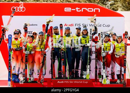 Andorra. 17th Mar, 2023. The podium after the Mixed Team Parallel race at the Audi FIS Ski World Cup Finals.left- Switzerland (second place).center- Norway (winner).right- Austria (Credit Image: © Christopher Levy/ZUMA Press Wire) EDITORIAL USAGE ONLY! Not for Commercial USAGE! Stock Photo