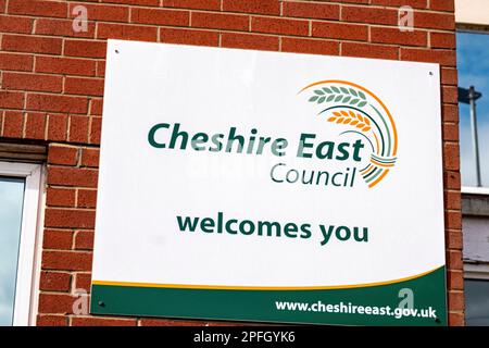 Cheshire East Council Welcomes you sign on Delamere House in Crewe Cheshire UK Stock Photo