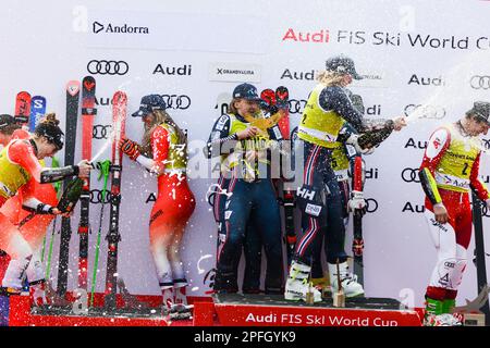 Andorra. 17th Mar, 2023. The podium after the Mixed Team Parallel race at the Audi FIS Ski World Cup Finals.left- Switzerland (second place).center- Norway (winner).right- Austria (Credit Image: © Christopher Levy/ZUMA Press Wire) EDITORIAL USAGE ONLY! Not for Commercial USAGE! Stock Photo