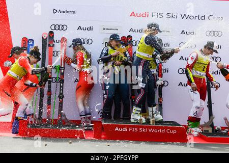 Andorra. 17th Mar, 2023. The podium after the Mixed Team Parallel race at the Audi FIS Ski World Cup Finals.left- Switzerland (second place).center- Norway (winner).right- Austria (Credit Image: © Christopher Levy/ZUMA Press Wire) EDITORIAL USAGE ONLY! Not for Commercial USAGE! Stock Photo