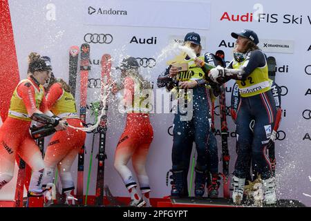 Andorra. 17th Mar, 2023. The podium after the Mixed Team Parallel race at the Audi FIS Ski World Cup Finals.left- Switzerland (second place).center- Norway (Credit Image: © Christopher Levy/ZUMA Press Wire) EDITORIAL USAGE ONLY! Not for Commercial USAGE! Stock Photo