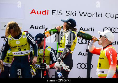 Andorra. 17th Mar, 2023. The podium after the Mixed Team Parallel race at the Audi FIS Ski World Cup Finals.center- Norway (winner).right- Austria (Credit Image: © Christopher Levy/ZUMA Press Wire) EDITORIAL USAGE ONLY! Not for Commercial USAGE! Stock Photo