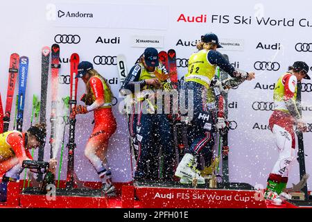 Andorra. 17th Mar, 2023. The podium after the Mixed Team Parallel race at the Audi FIS Ski World Cup Finals.left- Switzerland (second place).center- Norway (winner).right- Austria (Credit Image: © Christopher Levy/ZUMA Press Wire) EDITORIAL USAGE ONLY! Not for Commercial USAGE! Stock Photo