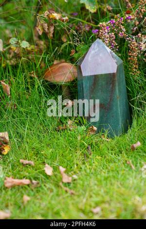 Green aventurine crystal quartz on grass with mushroom. Picture taken in the forest. Stock Photo