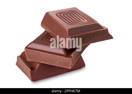 Milk Chocolate bar pieces in stack,  isolated on white with clipping path Stock Photo