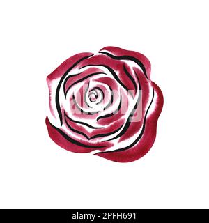 The red rose is drawn with outline, lines and watercolor. Banner design template, for printing wedding invitations, for business cards and labels, pos Stock Photo