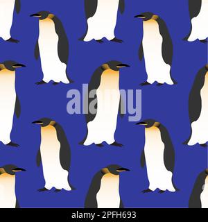 Seamless pattern. Cute Emperor penguins on a dark blue background. Realistic birds of the Antarctic. Vector for packaging, paper, prints and cards. Stock Vector