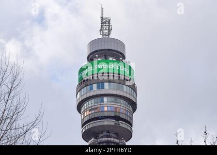 London, UK. 17th March 2023. The BT Tower displays a Happy St Patrick's Day message as the Irish holiday is celebrated around the world. Credit: Vuk Valcic/Alamy Live News Stock Photo