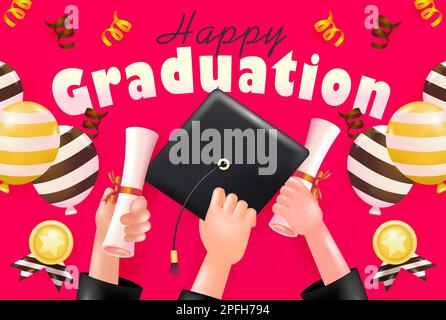 Happy Graduation. 3d vector of a hand holding a cap and certificate, with balloon and medal ornaments Stock Vector