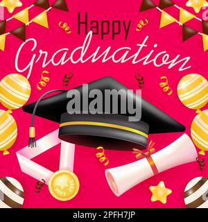 Happy Graduation. 3d vector hats, certificates and medals with balloon ornaments Stock Vector