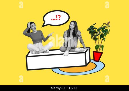 Creative photo collage artwork sketch of funny positive pretty girls sitting at office discus rumors isolated on painted background Stock Photo