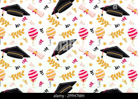 Happy Graduation. Cap, certificate, wheat and balloon pattern Stock Vector