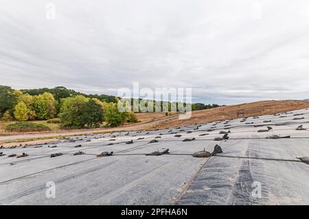 Weighted plastic sheeting covers a hillside in an active landfill.  Probably PVC geomembranes with a tree-line in the distance. Stock Photo