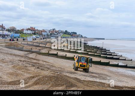 Beach recycling works on the beach in Herne Bay during March 2023. Stock Photo