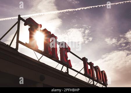 Looking up at The Lido sign in Worthing, West Sussex, UK Stock Photo