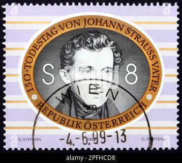 AUSTRIA - CIRCA 1999: a stamp printed in Austria shows Johann Strauss, the Elder (1804-49), Austrian composer od dance music, galops, marches and polk Stock Photo