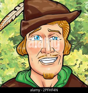 Head and shoulders art illustration portrait of the English outlaw, archer and swordsman Robin Hood, known from folklore, legend, literature, film, TV Stock Photo