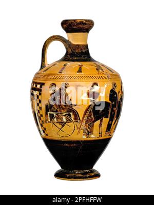 Terracotta oil flask lekythos from ancient Greece isolated on white background Stock Photo