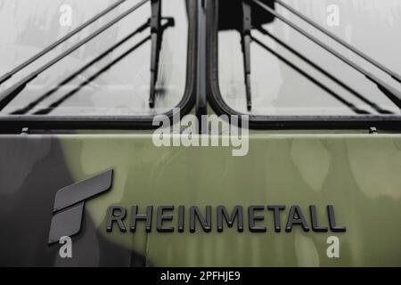 Grinding Angle, Deutschland. 16th Mar, 2023. A Rheinmetall truck of the Bundeswehr, pictured during a capability show at the Bundeswehr military base in Mahlwinkel, March 16, 2023. Credit: dpa/Alamy Live News Stock Photo