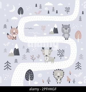 Cute hand drawn background in scandinavian style. Road in forest and various doodle wild animals and plants. Vector illustration Stock Vector