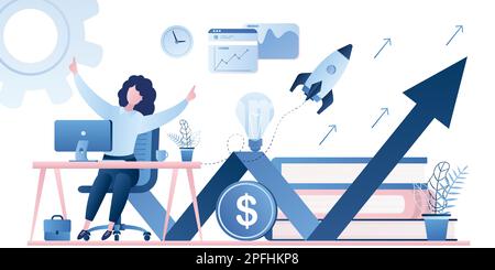 Happy and successful woman trader or businesswoman on workplace. Finance profit or new start up venture concept on white background. Growing graph. Tr Stock Vector